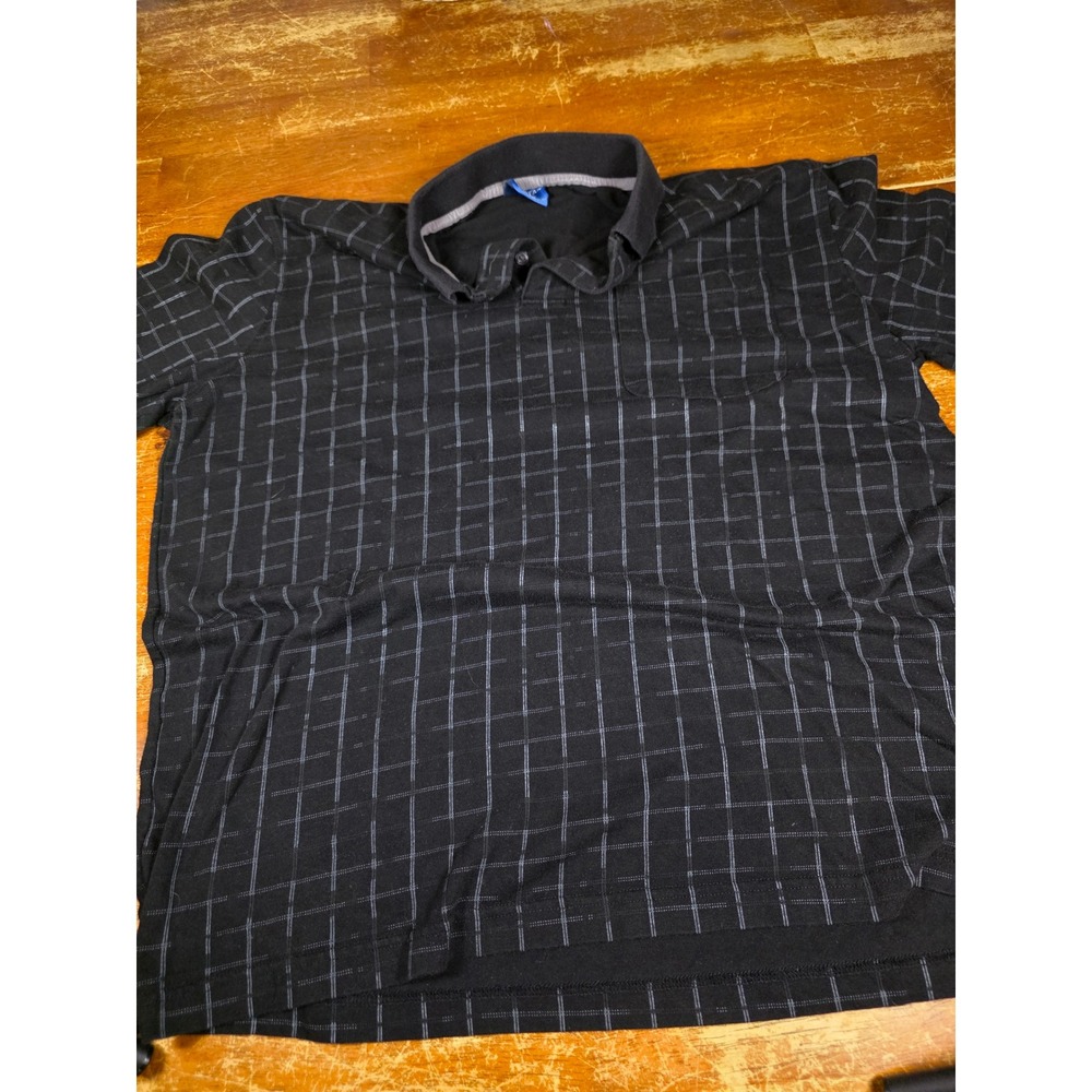 Puritan Mens Large Black Grey Grid Pattern Short Sleeve Polo Shirt Chest Pocket